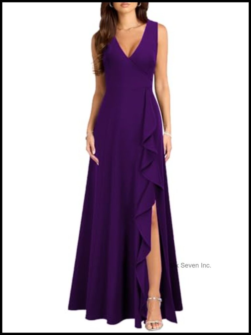 Women's V Neck Split Cocktail Dress with Pockets Ruffle Long Formal Party Dress
